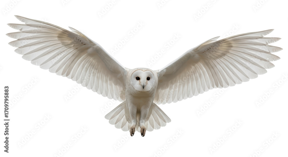 Obraz premium Isolated Barn Owl flying with wide wings in front view, nocturnal raptor hunter bird