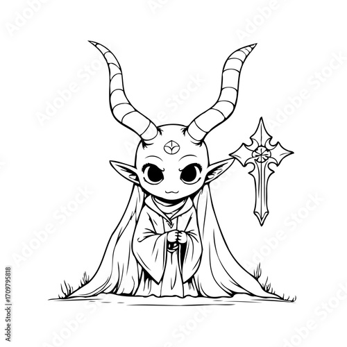 Enigmatic horned character with mystical symbol a black and white illustration depicting