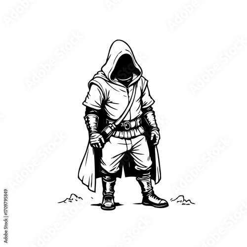 Enigmatic hooded figure stands, cloaked in shadows, embodying mystery, power, and an ominous
