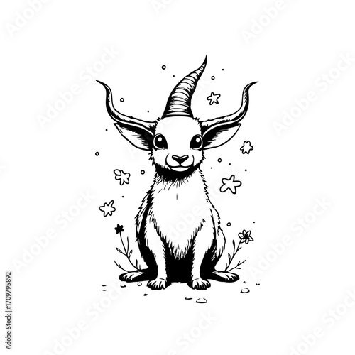 Enigmatic horned creature illustration showcases surreal charm amidst celestial floral elements