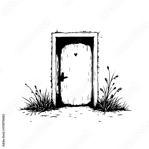 Enigmatic portal illustration, overgrown foliage frames a weathered entrance hinting at untold