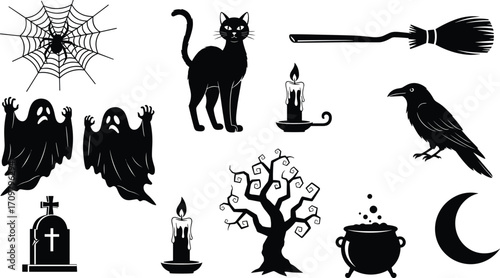 Halloween vector set with black cat, ghosts, spider web, broomstick, graveyard tombstone, crow, candles, spooky tree, cauldron, crescent moon.