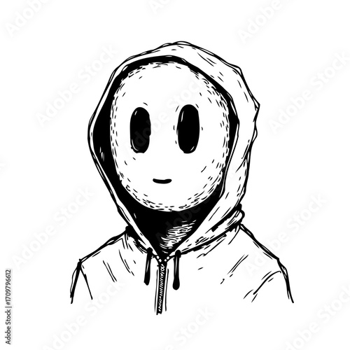 Expressive character illustration of a figure cloaked in anonymity with simple features evoking