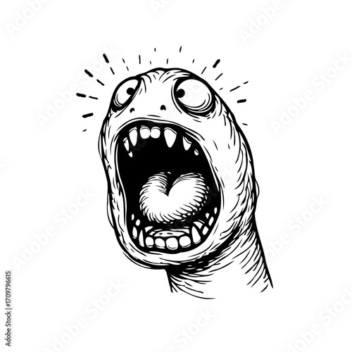 Expressive comical creature illustration portraying extreme emotion through exaggerated facial