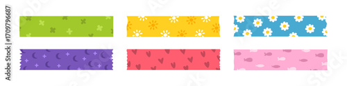 Adhesive tape set. Isolated sticky tape vector set. Band stripes color set. Tape kids sticker band.