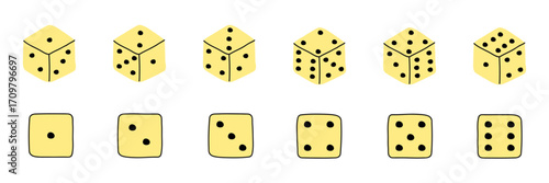 Dice vector set. Die sign set. Casino dice cube. Gambling die vector set. Play dice game.