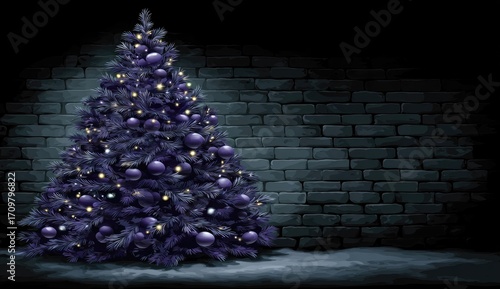Purple Christmas tree against dark brick wall (1)