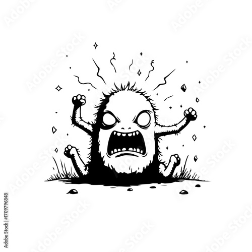 Expressive monochrome depiction of a tiny furious monster with a strong emotional expression and