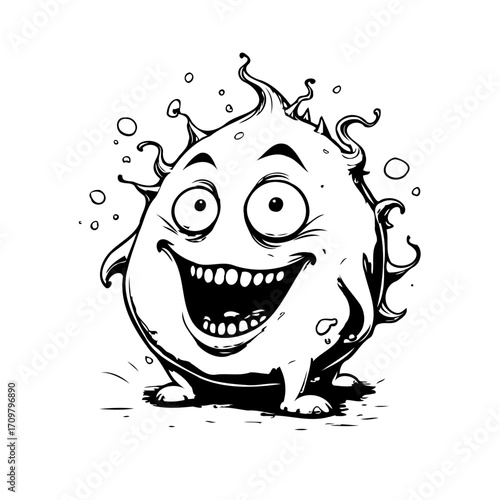 Expressive monochrome illustration of a whimsical cartoon character exuding happiness and jovial