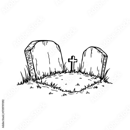 Grave markers with cross symbolize loss and remembrance in a solemn resting place etched in