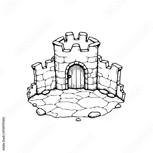 Hand drawn fantasy stone fortress with arched entrance amidst rough terrain for magical realm tales