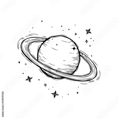 Hand drawn celestial body illustration with rings surrounded by twinkling stars cosmic exploration