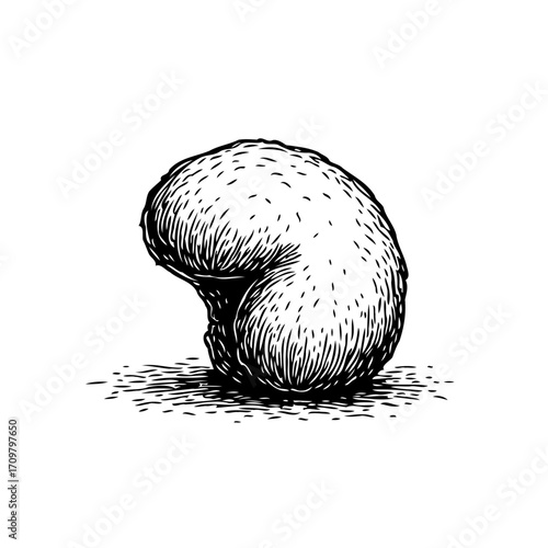 Hand drawn cashew nut illustration with textured surface presented in black and white single