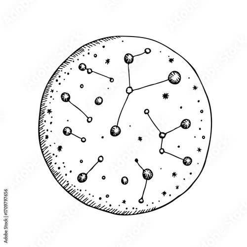 Hand drawn constellation map representing astronomical patterns in a celestial spherical