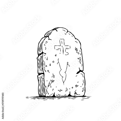 Hand drawn gravestone illustration displaying a cross marking a solemn and mournful memorial on