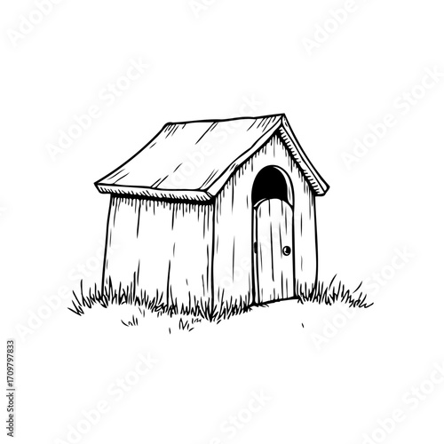 Hand drawn illustration showcasing a rustic shed amidst grassy land with minimal detail and