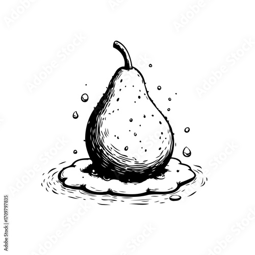 Hand drawn illustration of a pear surrounded by dripping liquid black and white illustration fruit