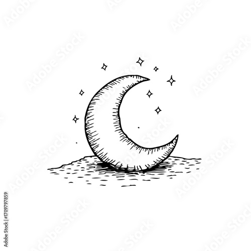 Hand drawn lunar crescent illustration with small stars, vector graphic element, simple line work