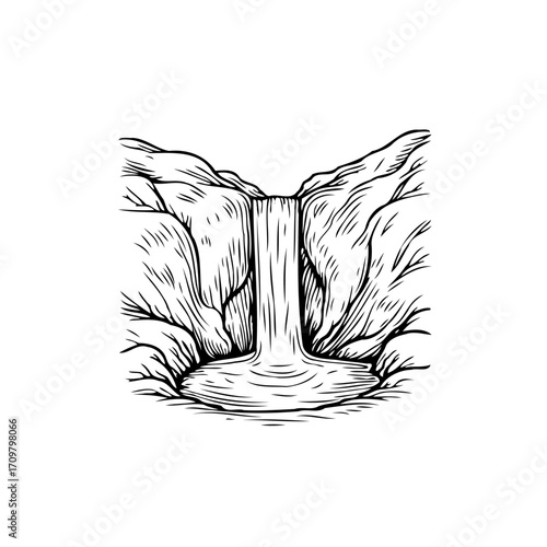Hand drawn monochrome illustration of a cascading waterfall between rocky cliffs under the