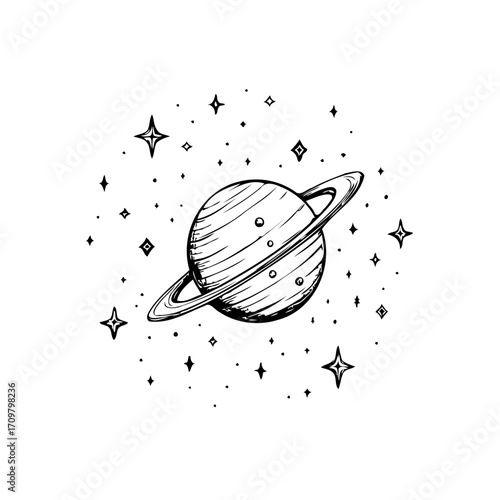 Hand drawn planet with ring system amidst twinkling stars creating a celestial sketch of cosmic