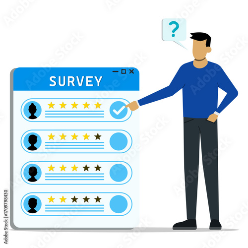 Businessman filling online survey with star ratings and checklist options. Concept of feedback, review, questionnaire, and evaluation system.