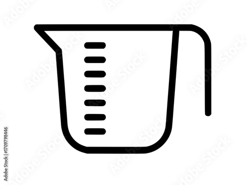 Minimalist black line drawing of a measuring cup with spout and handle