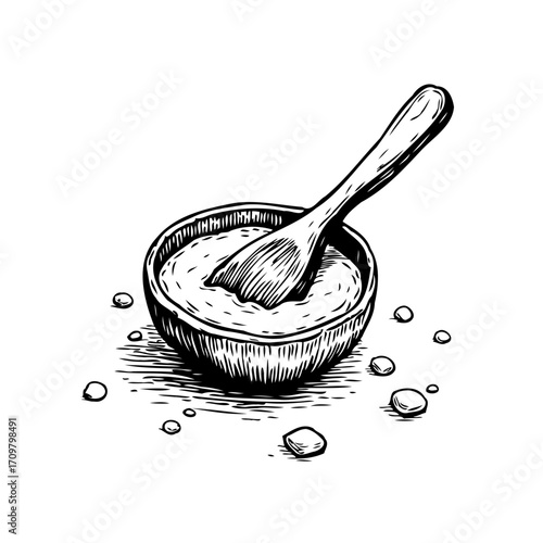 Hand drawn rustic bowl of creamy mixture with wooden spoon evokes culinary charm and simple elegance
