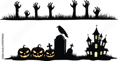 Halloween zombie hands rising from graveyard with pumpkins, crow on tombstone, spooky haunted house silhouette, horror night vector illustration