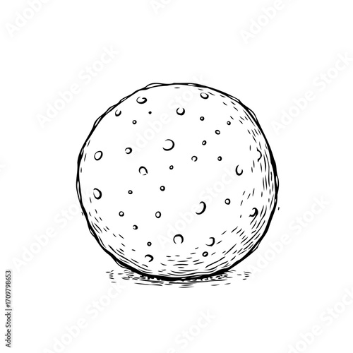 Hand drawn sphere illustration evoking planetary surface with craters against a pristine white