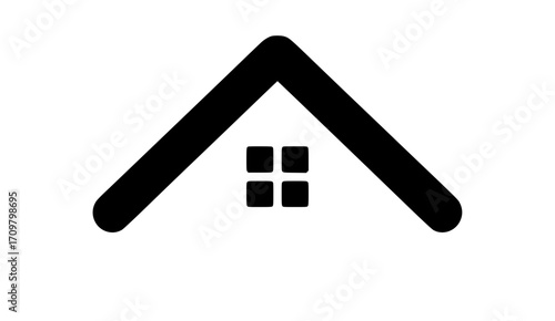 Minimalist black house icon with triangular roof and small window