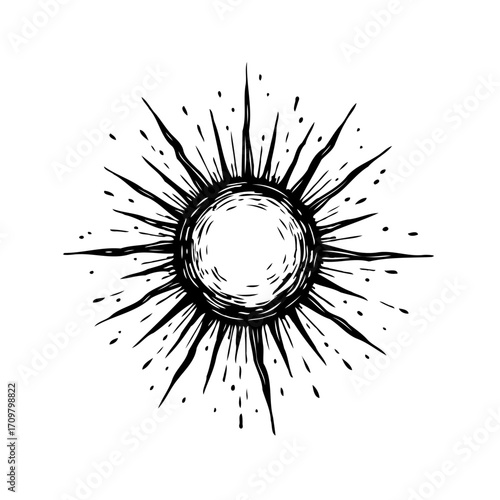 Hand drawn sunburst illustration, radiating light and energy, with abstract celestial star symbol