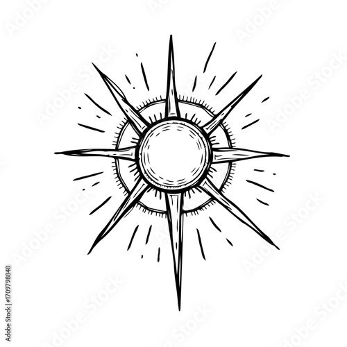 Hand drawn sunburst radiating light stylized star design for magical emblems and celestial concept
