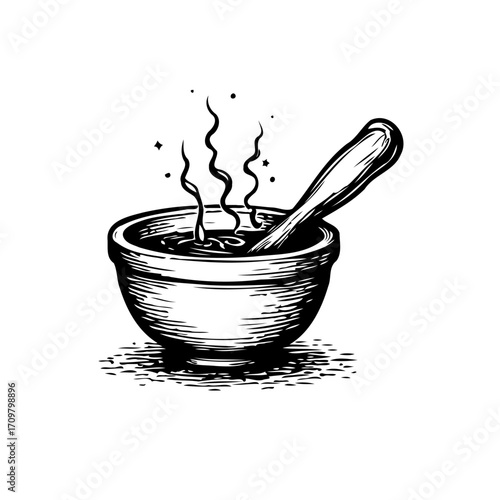 Hand drawn vintage illustration of a steaming bowl with a spoon presenting comforting warmth and
