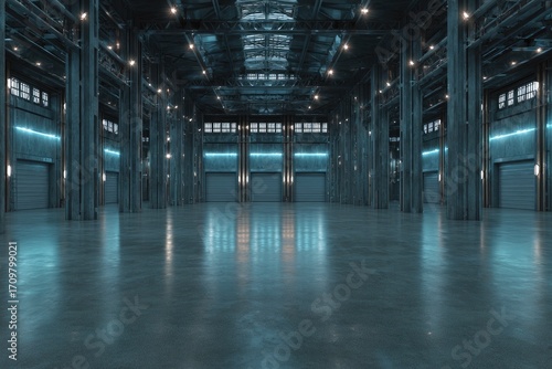 Empty, industrial warehouse interior.  Dark teal tones
