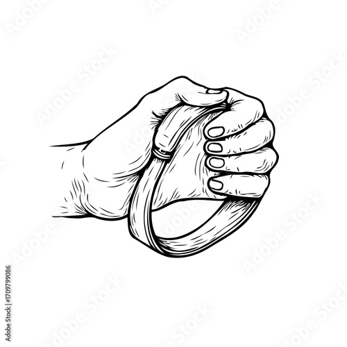Hand gripping an elastic exercise band tightly demonstrating strength and determination with