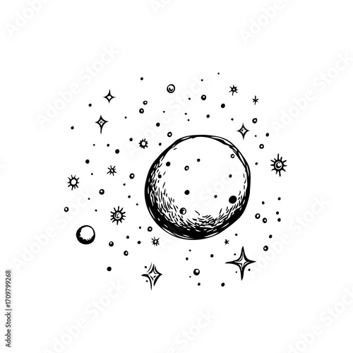 Hand-drawn celestial body surrounded by stars and cosmic dust creating a unique atmospheric
