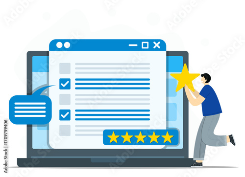 Customer ratings and online survey reviews concept. Businessman giving stars for evaluation performance survey on the monitor screen.