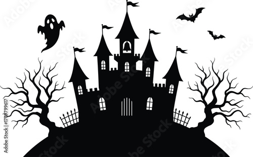 Haunted castle silhouette with spooky ghost, flying bats, creepy trees, gothic horror mansion, dark Halloween night vector illustration design