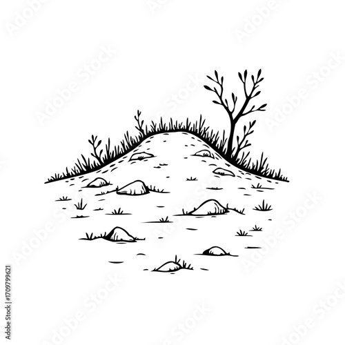 Hillside nature sketch showing dry tree bare grass and a sprinkling of small rocks evokes quietude