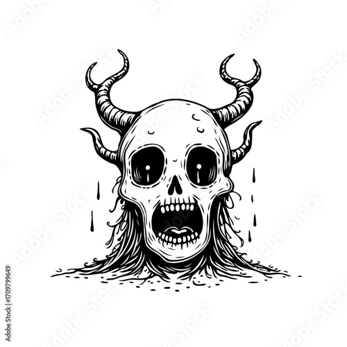 Horrific skeletal apparition with eerie horns and cascading tears of darkness in monochrome