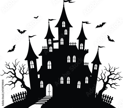 Haunted castle silhouette with spooky trees, flying bats, and eerie night vibes perfect for Halloween horror and scary design projects.