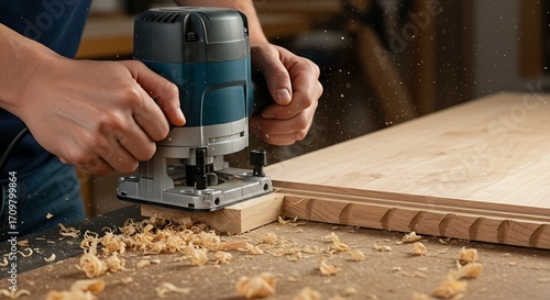  A pair of hands guiding a router along a wooden board to create a decorative edge, with a shower of wood chips.