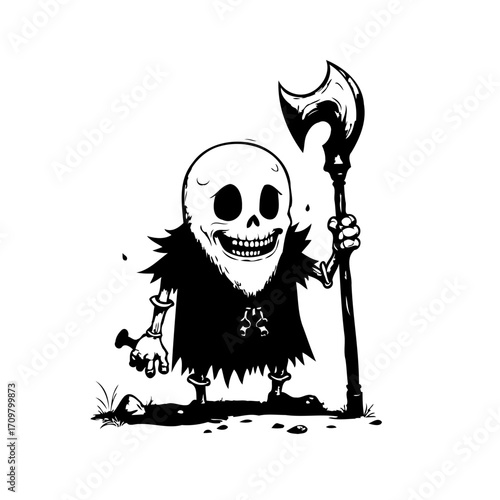 Humorous skeletal warrior poised with an axe displaying cartoonish black and white halloween