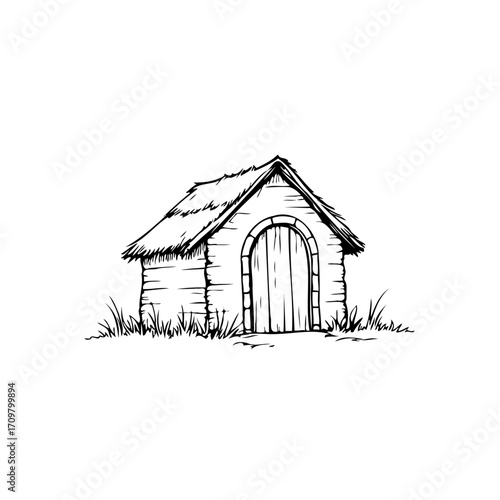 Idyllic thatched hut sketch evoking countryside charm with simplistic architecture drawn in black