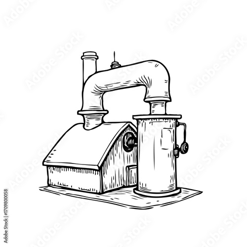 Illustrated distillation apparatus beside structure conveys idea of complex refining processes in