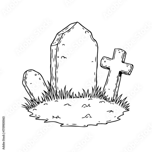 Illustrated gravesite scene showing a serene final resting place with religious symbol and
