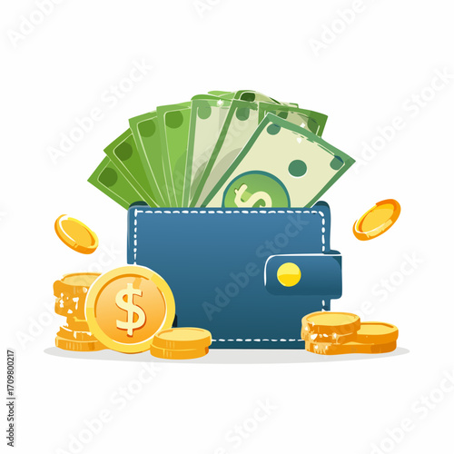 Money set. Credit card, bill, wallet, banknotes, coins and other financial elements. Payment, savings, cashback concept. Vector illustration