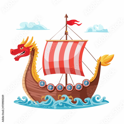 Drakkar Viking Ship Sailing on the Waves under a Cloudy Sky