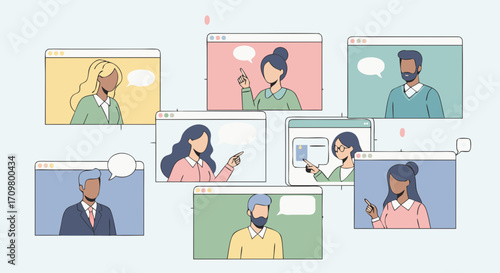 Illustration of a multicultural business team in an online conference call showcasing successful remote work and collaboration