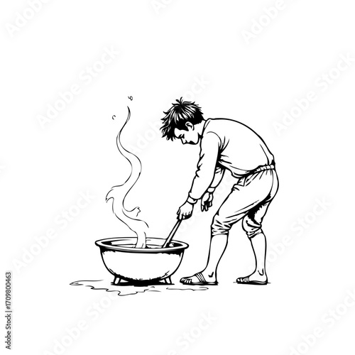 Illustration of a person stirring a steaming cauldron hinting at magical brews and kitchen